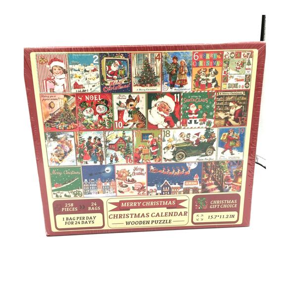 Merry Christmas Advent Calendar 258 Wooden Jigsaw Puzzle 24 Days Bags Sealed - Picture 1 of 4